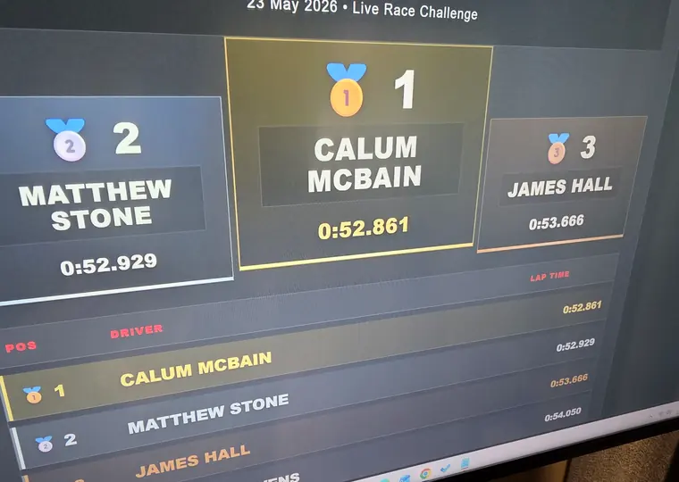 SIR Motorsport event leaderboard showing fastest lap results on screen.